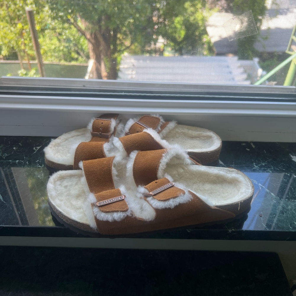 Brown Shearling Slide Sandals